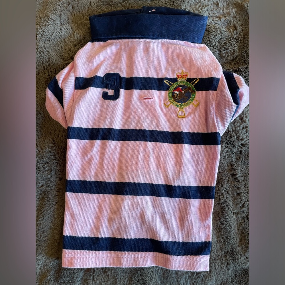 Polo Dog Shirt, for the well dressed pet, Size L, Color Pink with Blue Stripes